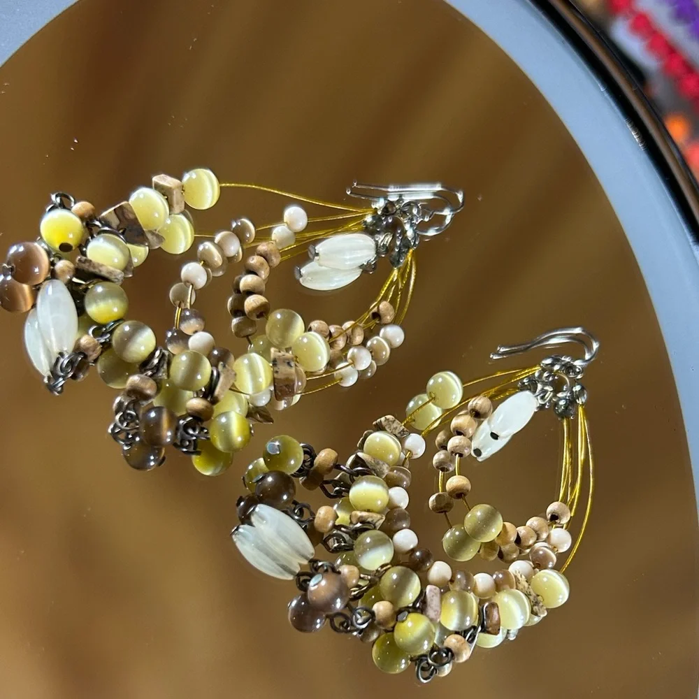 Boho Chandelier Earrings‎ - Natural Tiger’s Eye & Green Cat-Eye Stones